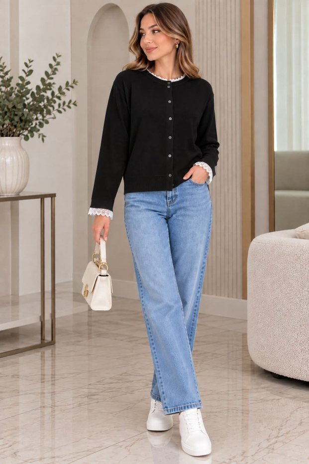 Women's Knitwear Cardigan Lace Detailed Buttoned Crew Neck Long Sleeve Stylish Casual Knitted Cardigan