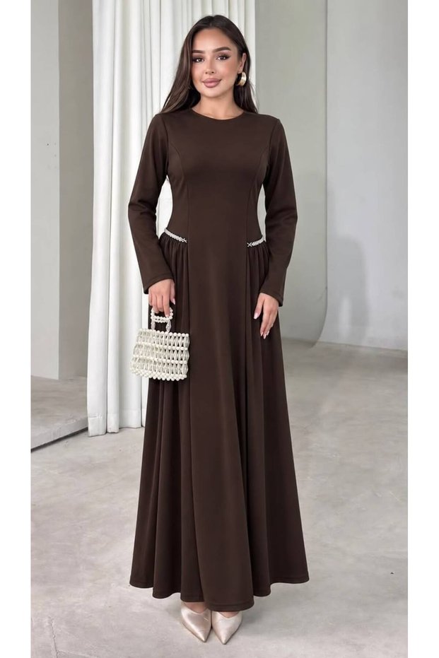 Women's Crepe Fabric Brown Crew Neck Waist Stone Detail Long Sleeve Maxi Length Evening Dress
