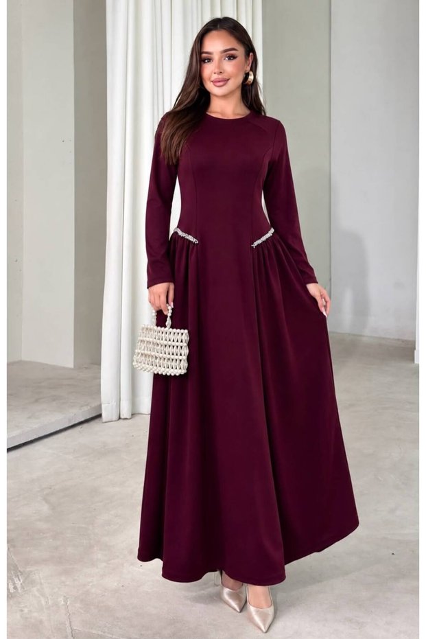 Women's Crepe Fabric Burgundy Crew Neck Waist Stone Detail Long Sleeve Maxi Length Evening Dress