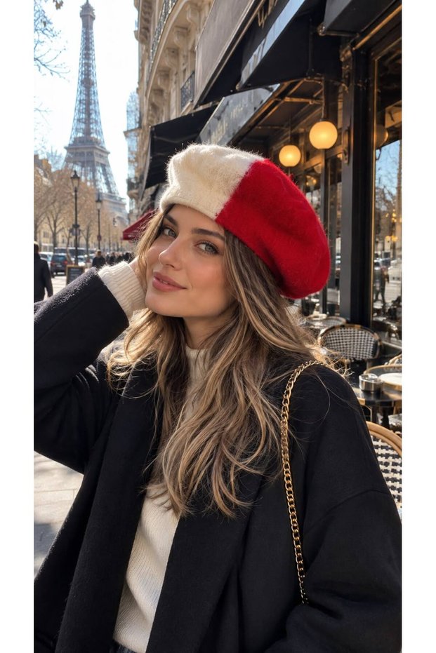Red Ecru Two-Tone Soft Textured Feathered French Women's Painter Beret
