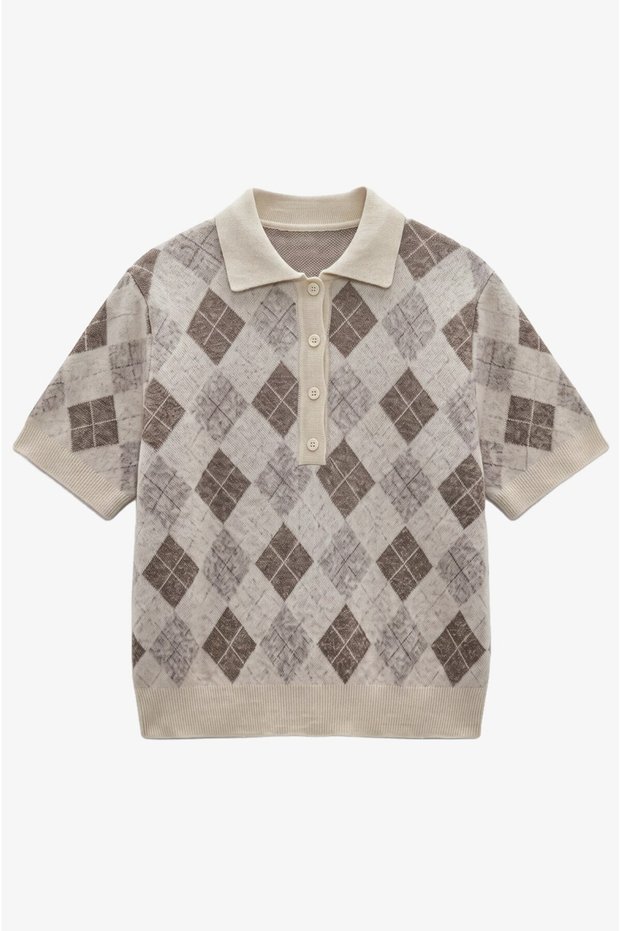 Cream Color Elena Baklava Patterned Polo Collar Sweater