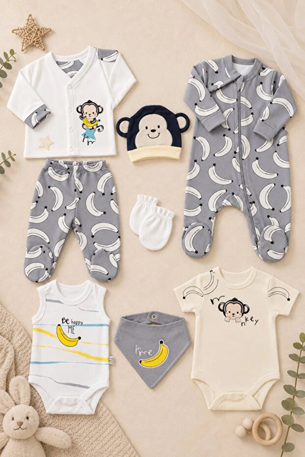 Newborn Hospital Release 8-Piece Banana Patterned Monkey Figured Baby Set