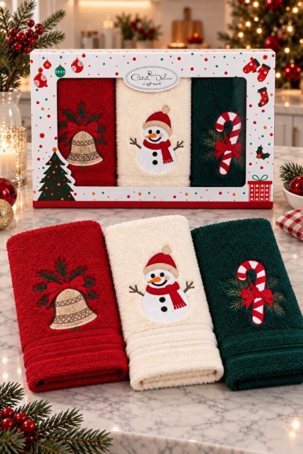 Boxed New Year's 3-Piece Kitchen Towel Set | 100% Cotton, Gift Embroidered Hand Towel Set | Drying Cloth 30X50 cm