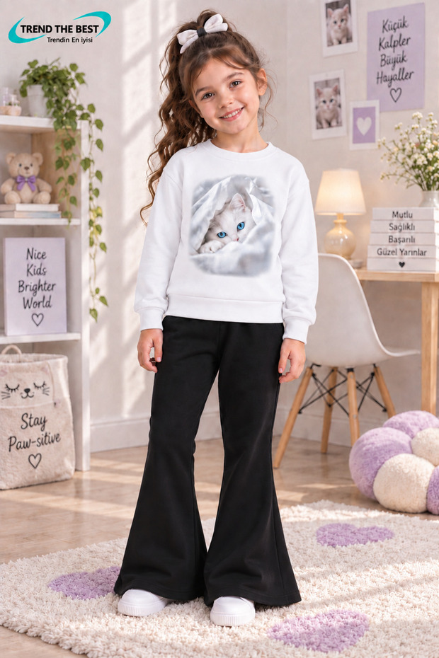 Winter, Spring, and Autumn Girls' Black Spanish Flared Bottoms and White Sweat Top