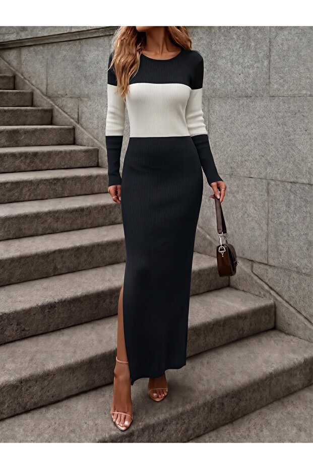 Women's Striped Long Sleeve Crew Neck Camisole Fabric Dress Length 130 cm