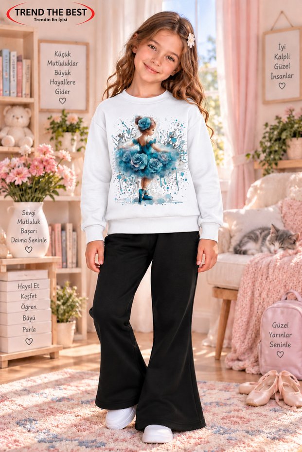 Winter, Spring, and Autumn Girls' Black Spanish Flared Bottoms and White Sweat Top
