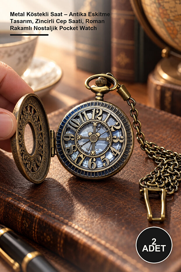 2 Pieces Metal Chain Watches – Antique Vintage Design, Pocket Watch with Chain, Nostalgic Pocket Watch with Roman Numerals