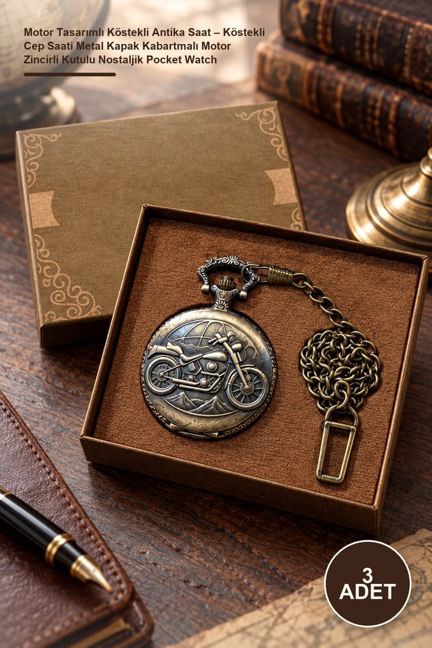 3 Pieces Engine-Designed Antique Watch with Chain – Pocket Watch with Chain Metal Cover Embossed Engine Chain Nostalgic Pocket Watch with Box