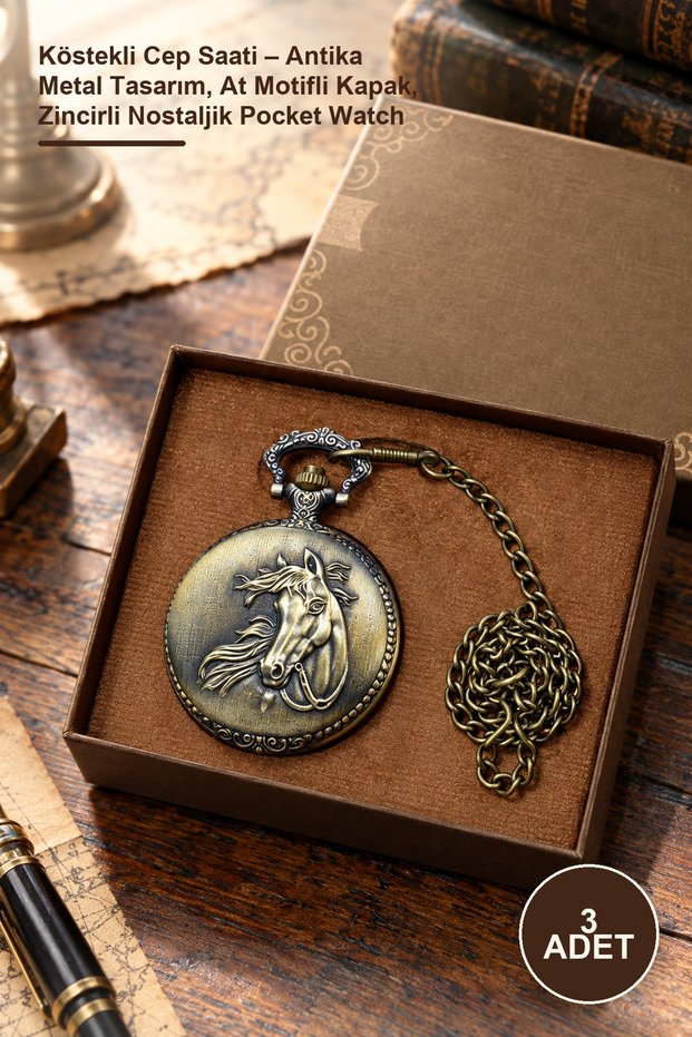 3 Pieces of Chain Pocket Watches – Antique Metal Design, Horse Motif Cover, Nostalgic Pocket Watch with Chain