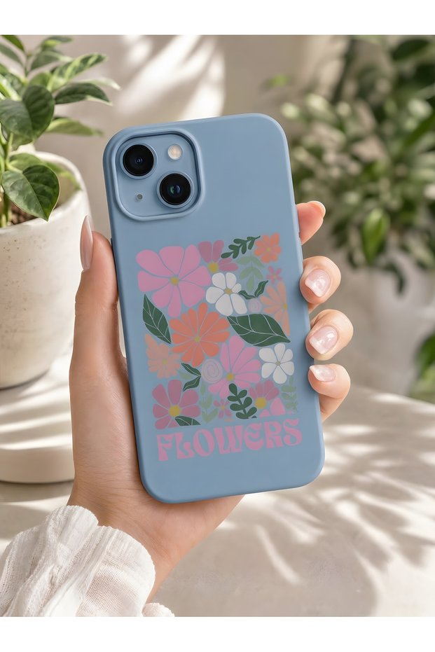 iPhone 15 Plus Compatible Premium Silicone Floral Pastel Flower Pattern Anti-Shock Case Blue
