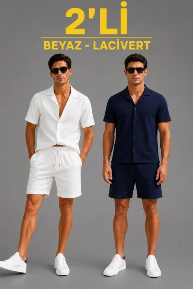 Men's 2-piece crepe fabric pocket shirt and shorts set - short sleeve tie-front - white/navy