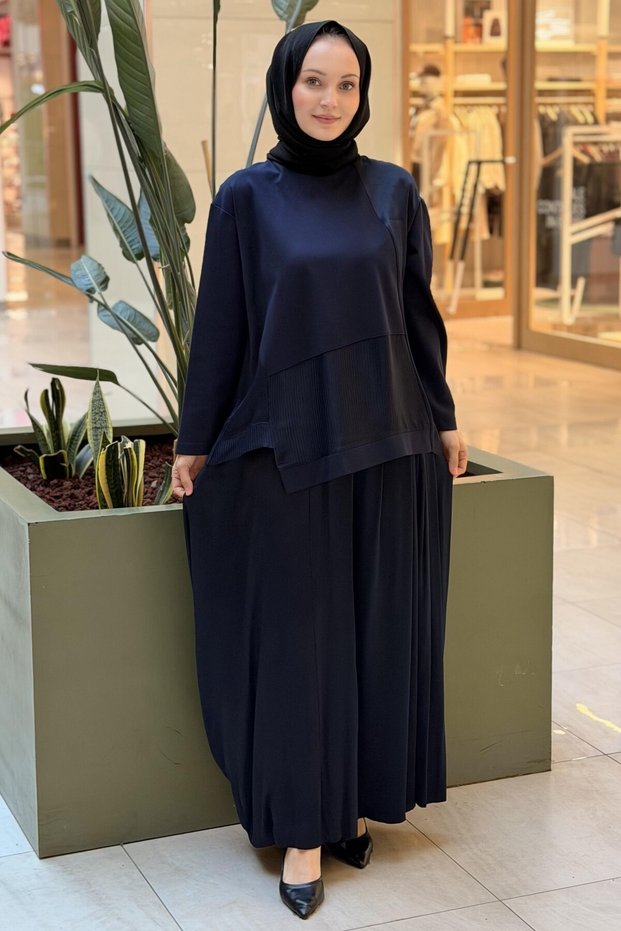 Satin Suit with Front Piece Garni Detail and Pocketed Trousers