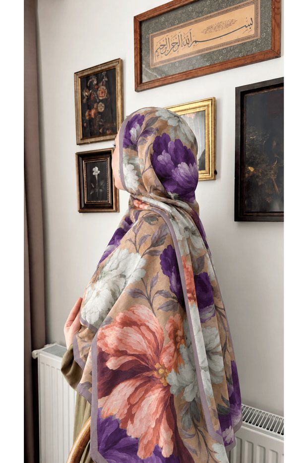 Vintage Garden Modal Silk Shawl - Mink & Purple