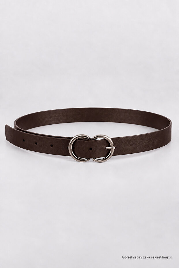 Faux Leather Belt with Silver Buckle Lkm0012 Brown