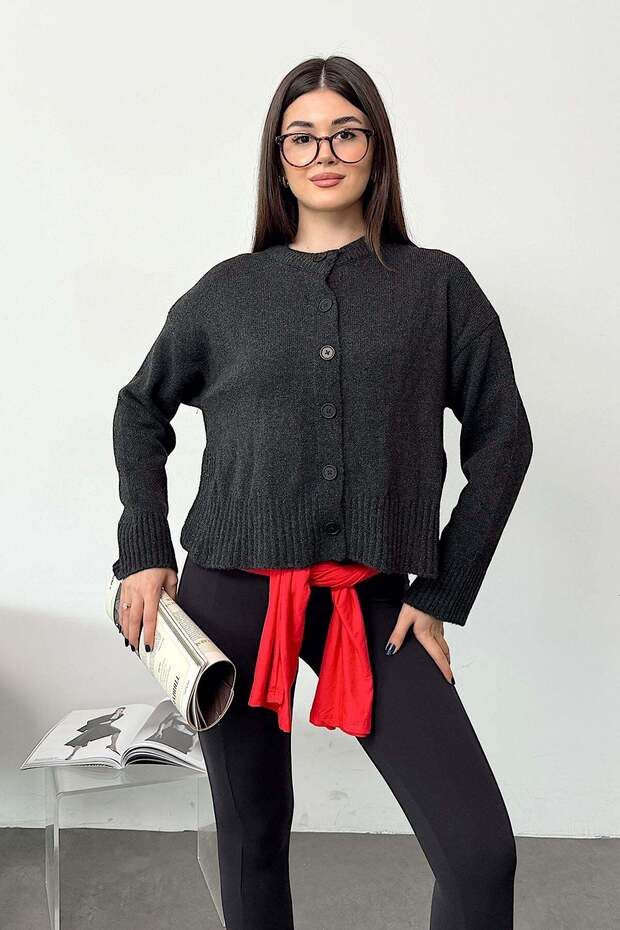 Women's Crew Neck Buttoned Cardigan with Side Slits Anthracite - 27K 2286