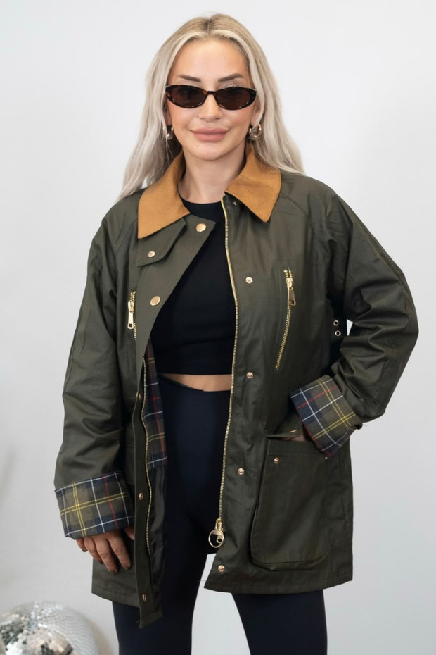 Khaki Green Oiled Textured Fabric Seasonal Jacket