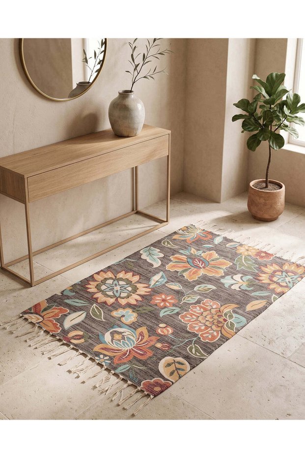 Multicolor Floral Print Dhurrie