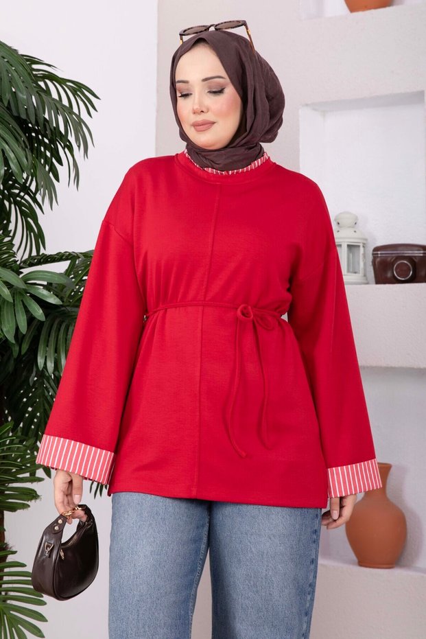 Stripe Garnished Lace-Up Tunic Red