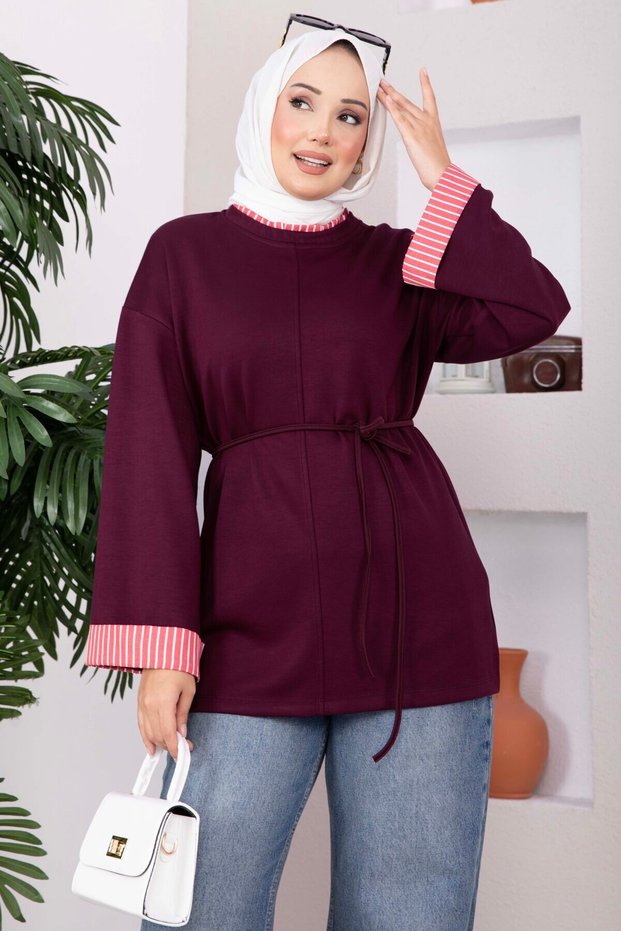 Lace-Up Tunic with Stripe Trim in Plum