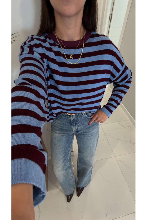Fiolde Blue Burgundy Striped Long Sleeve Knitwear