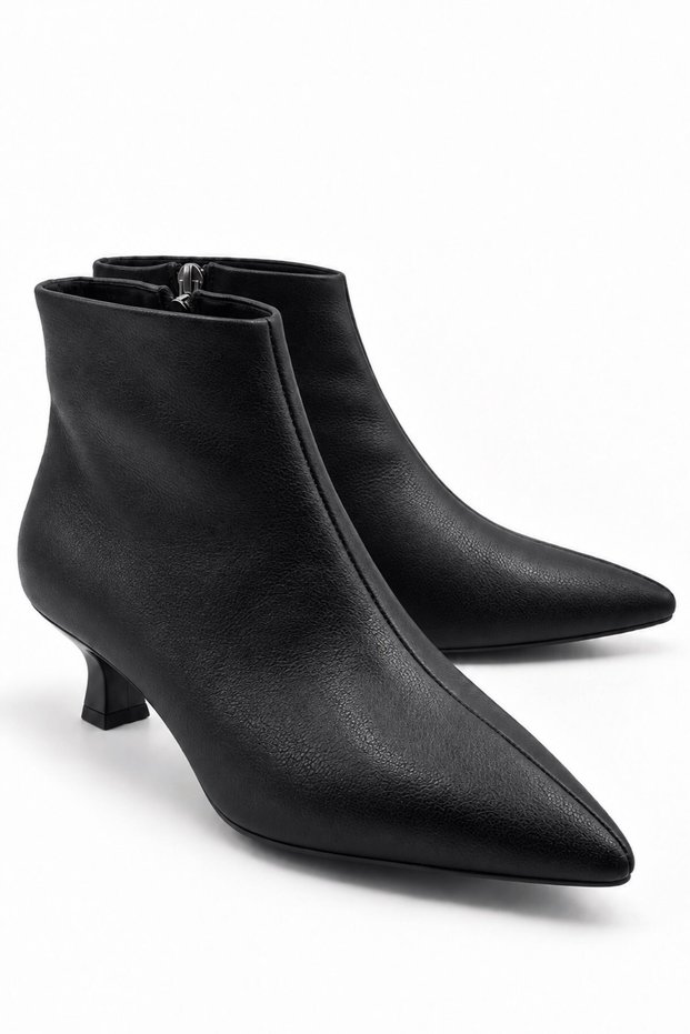 Denis Women's Black Leather Pointed Toe Low Goblet Heel Side Zipper Stylish Boots 3.5 cm Heel