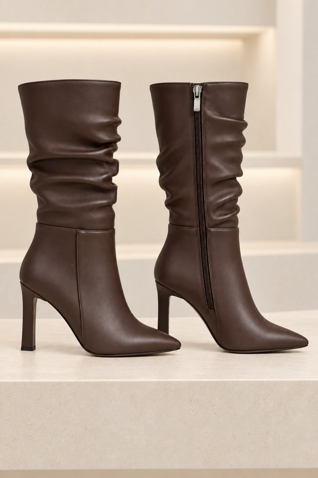 Vi̇ones Women's Boots with Drawstring Detail, Zipper, Pointed Toe, Thick Heel
