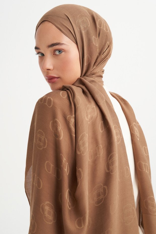 Monogram Pattern Tencel Wool Viscose Shawl Walnut Shell