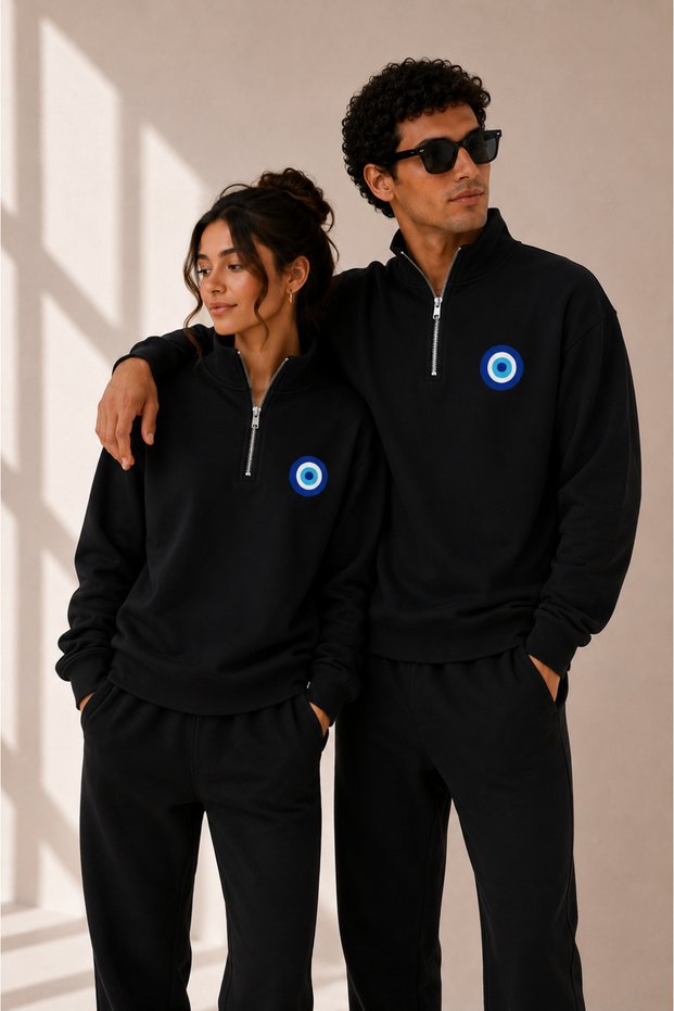 Nazar Boncuğu Printed Half-Zipper Stand Collar Sweatshirt Lover Couple Combination Set of 2
