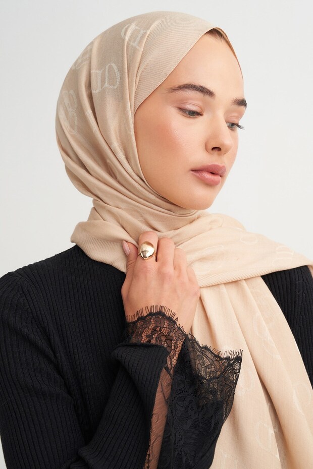 Monogram Pattern Tencel Wool Viscose Shawl Dark Beige
