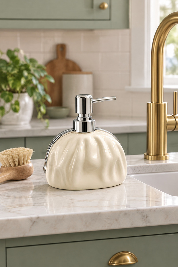 Drape Patterned Ceramic Liquid Soap Dispenser with Chrome Pump, Cream, 10.5X15 cm