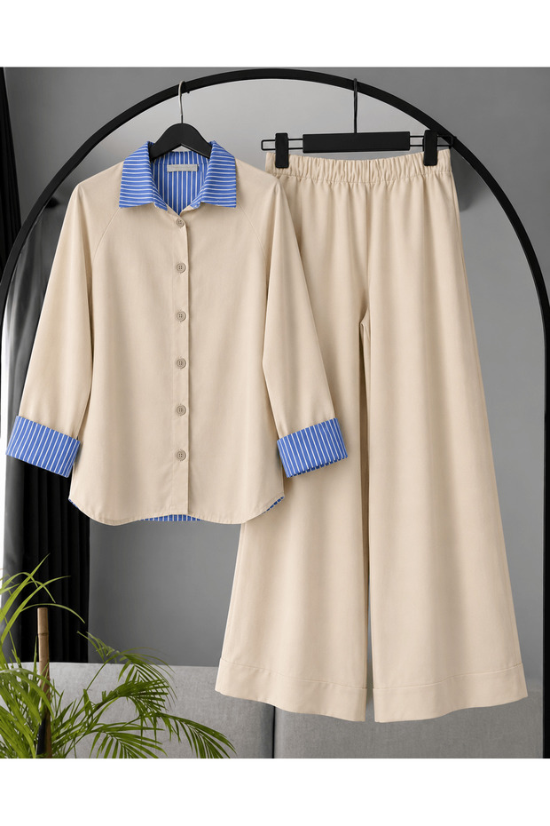Shirt Collar Striped Trouser Suit - 3231 - Blue & Stone