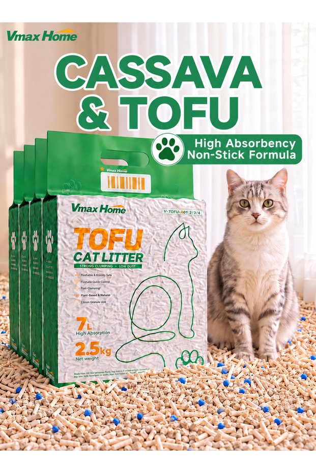 Pack of 4, 10kg, 28L, Cassava and Tofu Cat Litter, Fast Clumping, Low Dust, Odour Control, High Absorbency, Non-Stick Formula for Easy Scooping, Soft on Paws