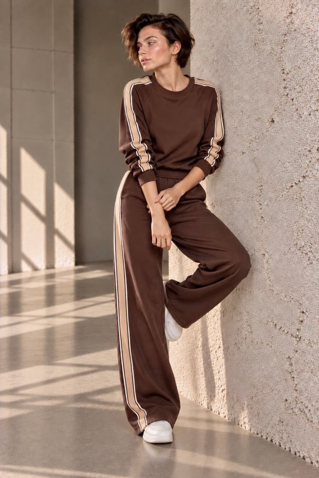 Nubuck Stripe Detailed Crew Neck Women's Set My3535