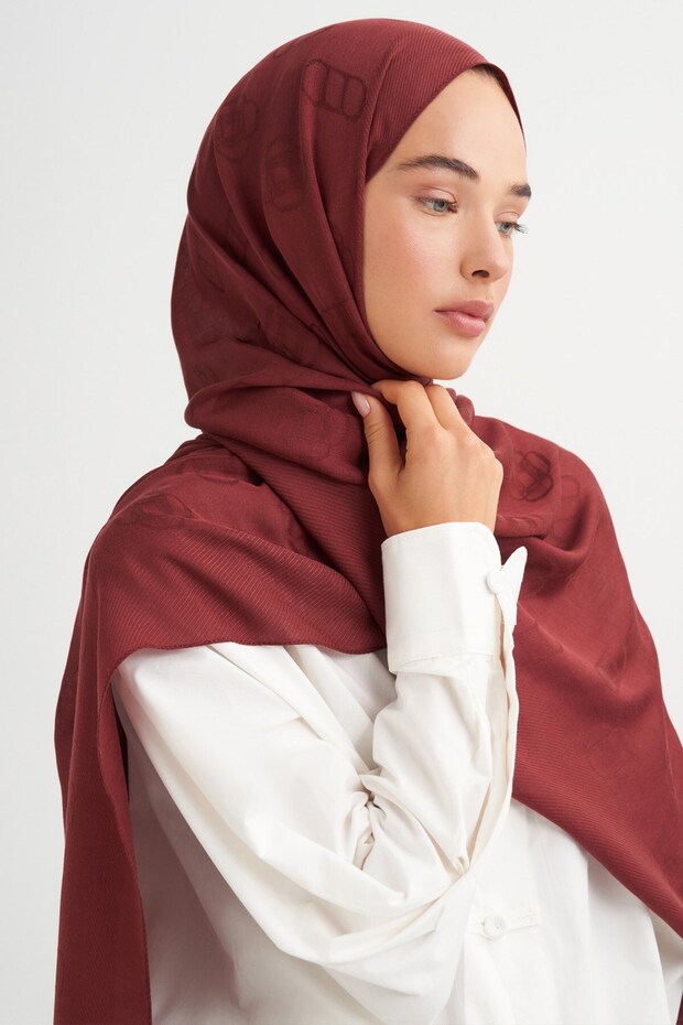 Monogram pattern tencel wool viscose shawl burgundy
