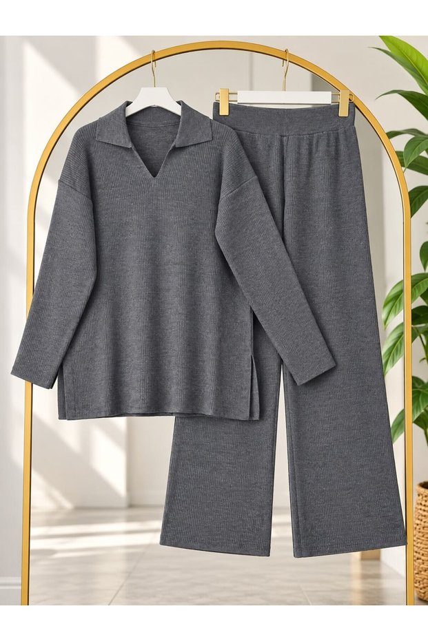 Women's Hijab Polo Collar Knitwear Pants Set Dark Gray