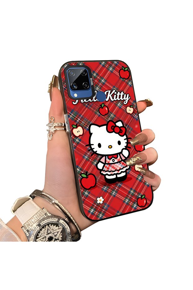Realme C15 Compatible Silicone Edge Hard Back Case Kitty Pattern Couple Phone Case