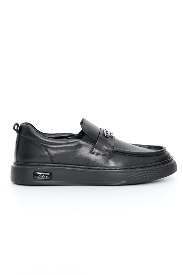 Genuine Leather Buckle Detailed Black Loafer Shoes - E2996