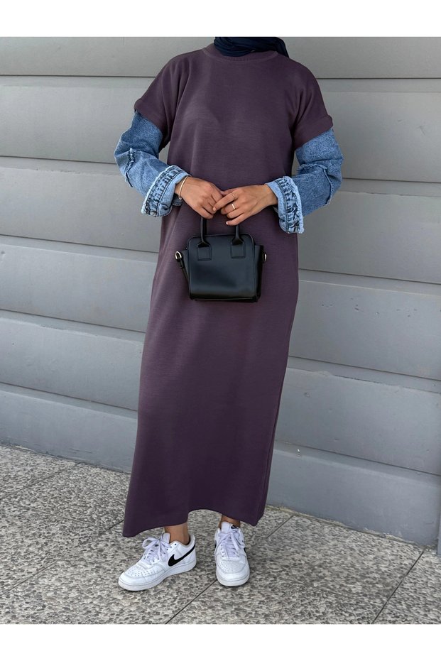 Crew Neck Knit Dress with Denim Detail - Lilac