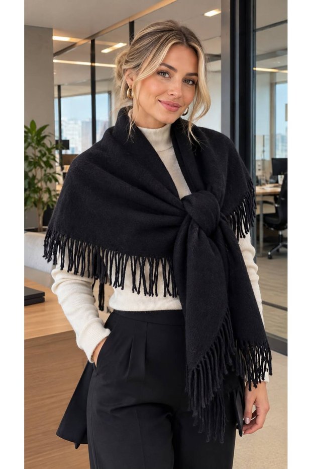 Black Wool Knitwear Tasseled Inner-Looped Triangle Women's Shoulder Shawl