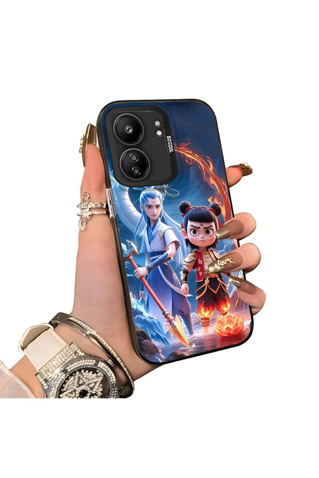 Redmi 13C Compatible Silicone Edge Hard Back Case Nezha Patterned Couple Phone Case