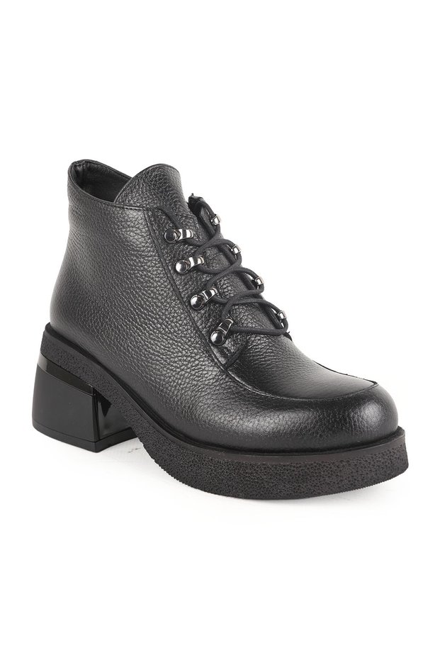 Women's Boots L031.27105354K Black Genuine Leather Flotter Textured Metal D-Ring Lace-Up Side Zipper