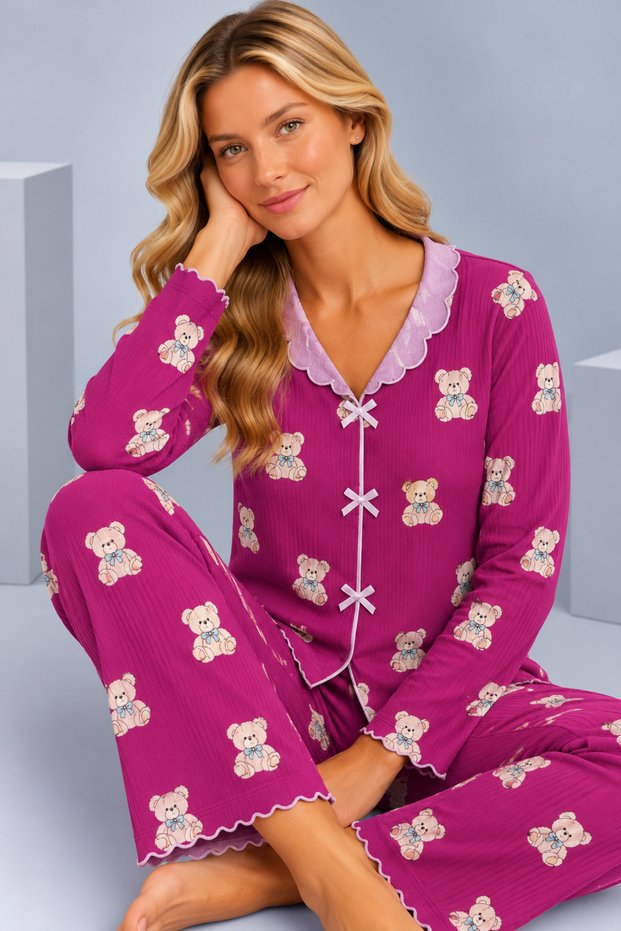 Women's Patterned Bow Detailed Buttoned Long Sleeve Muslin Pajama Set