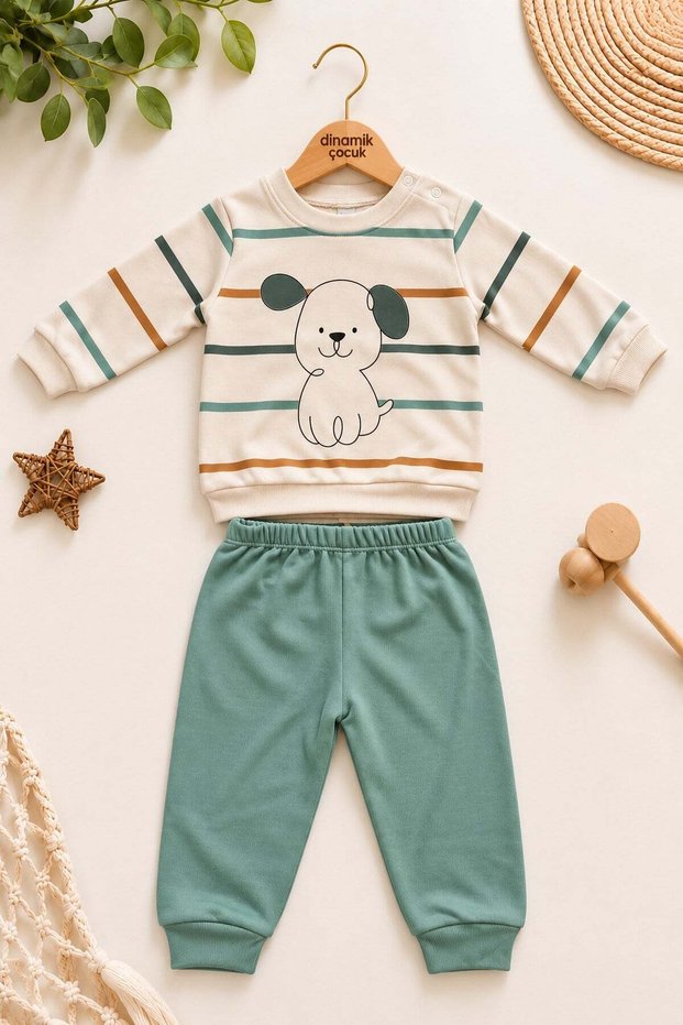 Baby Boy Striped Dog Printed Snap-Back Sweatshirt 2-Piece Top and Bottom Tracksuit Set 3-12 Months