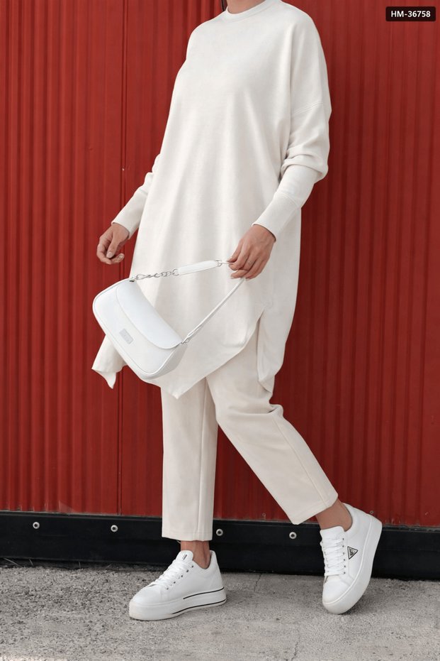 Oversize Knitwear Tunic with Side Slits - 026 - Stone