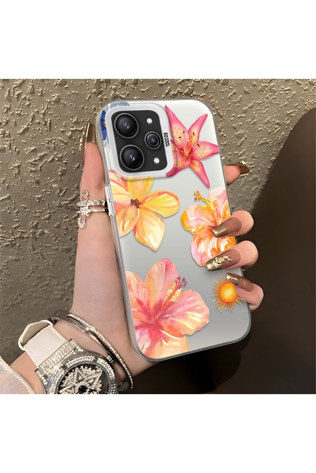 Redmi 12 4G/5G Compatible Watercolor Tropical Flower and Sun Pattern Phone Case, Shock Protection