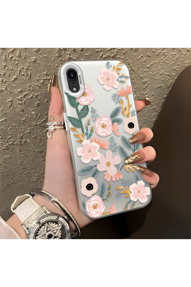 iPhone Xr Compatible Pink Spring Flower and Green Leaf Pattern Phone Case, Shock Protection