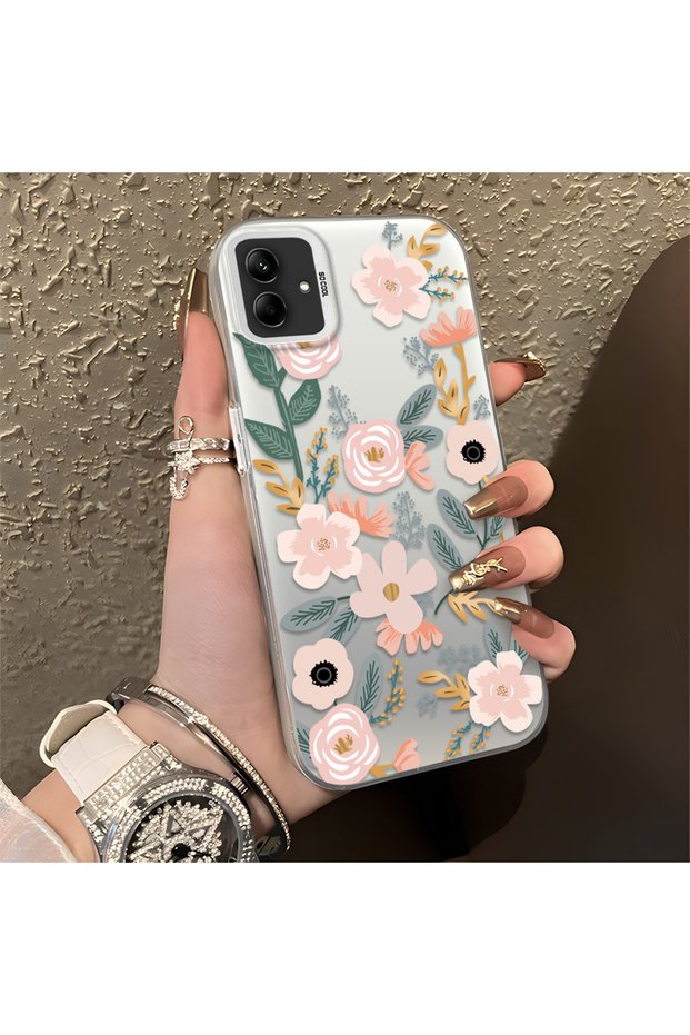 Samsung Galaxy A03/A04E/A04 Compatible Pink Spring Flower and Green Leaf Pattern Phone Case, Shock Protection