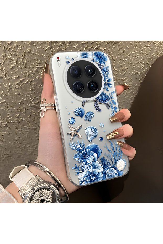 Tecno Camon 40 Premier Compatible Blue Turtle, Shell, and Coral Pattern Cover, Shock-Absorbing Structure