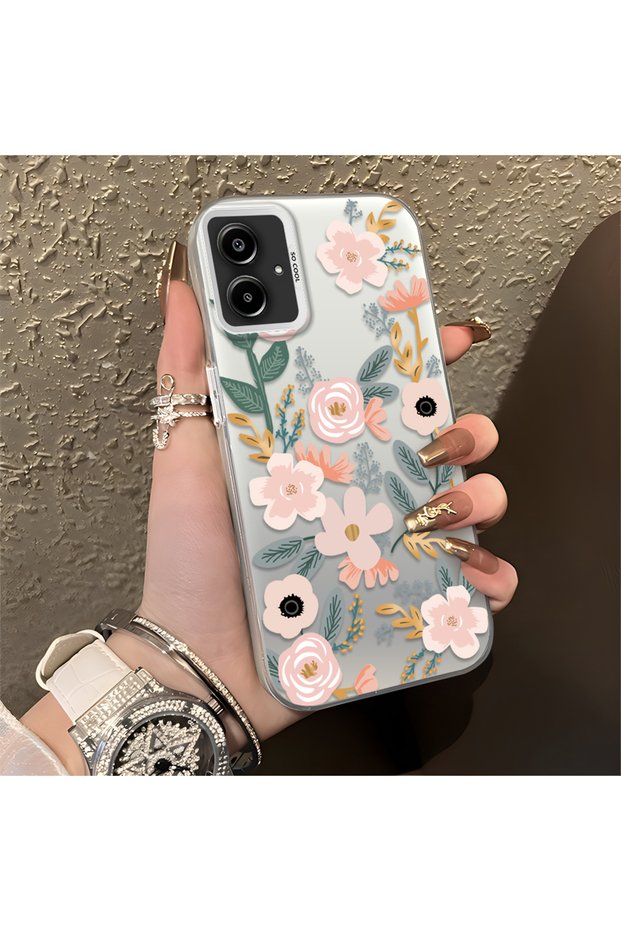 Samsung Galaxy A06 4G/5G Compatible Pink Spring Flower and Green Leaf Pattern Phone Case, Shock Protection