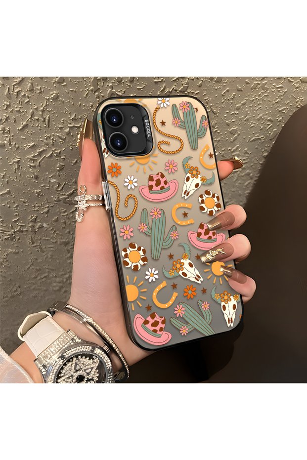 iPhone 11 Compatible Western Cowboy Cactus and Sun Pattern Phone Case, Shock Protection